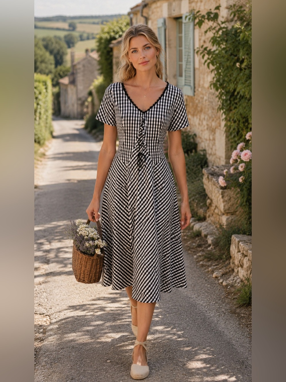 Chillinen/ Linen Vibes Black and White Gingham Midi Dress with Sweet V-Neck 240